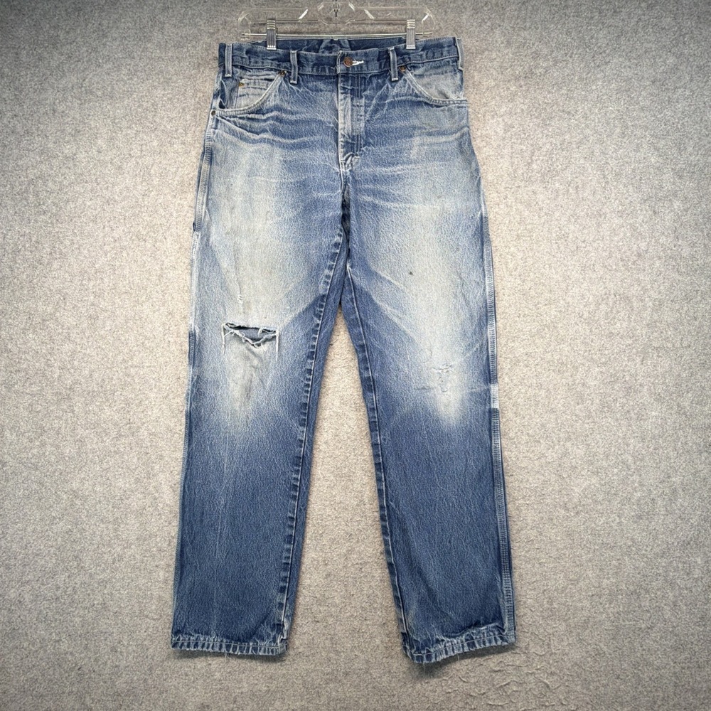 Dickies Men's Carpenter Jeans 34x32 Blue Denim Distressed Crazy Fade